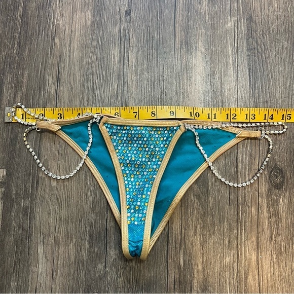Competition Bikini Suit Bodybuilding Gold Encrusted Rhinestone Blue Muscle Fit S - Picture 17 of 17